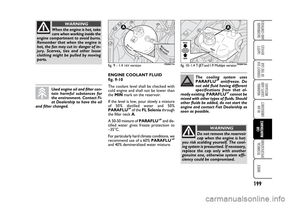 FIAT BRAVO 2007 2.G Owners Manual 199
SAFETY
DEVICES
CORRECT USE
OF THE CAR
WARNING
LIGHTS AND
MESSAGES
IN AN
EMERGENCY
TECHNICAL
SPECIFICATIONS
INDEX
DASHBOARD
AND CONTROLS
CAR
MAINTENANCE
When the engine is hot, take
care when worki
