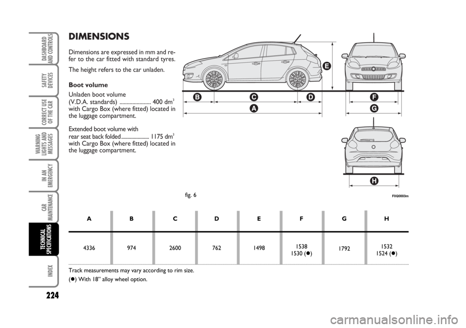 FIAT BRAVO 2007 2.G Owners Manual DIMENSIONS
Dimensions are expressed in mm and re-
fer to the car fitted with standard tyres.
The height refers to the car unladen.
Boot volume
Unladen boot volume 
(V.D.A. standards)  ................