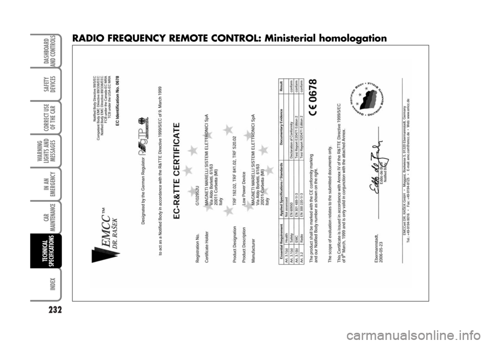 FIAT BRAVO 2007 2.G Owners Manual 232
SAFETY
DEVICES
CORRECT USE
OF THE CAR
WARNING
LIGHTS AND
MESSAGES
IN AN
EMERGENCY
CAR
MAINTENANCE
INDEX
TECHNICAL
SPECIFICATIONSDASHBOARD
AND CONTROLS
RADIO FREQUENCY REMOTE CONTROL: Ministerial h