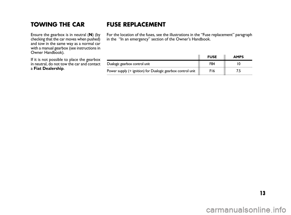 FIAT BRAVO 2008 2.G Dualogic Transmission Manual 13
TOWING THE CAR
Ensure the gearbox is in neutral (N) (by
checking that the car moves when pushed)
and tow in the same way as a normal car
with a manual gearbox (see instructions in
Owner Handbook).
FIAT BRAVO 2008 2.G Dualogic Transmission Manual 13
TOWING THE CAR
Ensure the gearbox is in neutral (N) (by
checking that the car moves when pushed)
and tow in the same way as a normal car
with a manual gearbox (see instructions in
Owner Handbook).