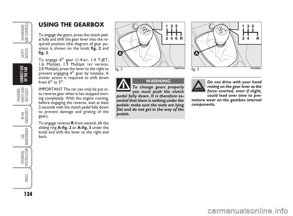 FIAT BRAVO 2008 2.G Owners Manual 134
SAFETY
DEVICES
WARNING
LIGHTS AND
MESSAGES
IN AN
EMERGENCY
CAR
MAINTENANCE
TECHNICAL
SPECIFICATION
INDEX
DASHBOARD
AND CONTROLS
CORRECT USE
OF THE CAR
USING THE GEARBOX
To engage the gears, press 