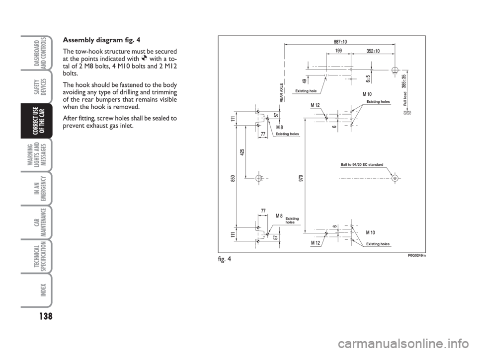 FIAT BRAVO 2008 2.G Owners Manual 138
SAFETY
DEVICES
WARNING
LIGHTS AND
MESSAGES
IN AN
EMERGENCY
CAR
MAINTENANCE
TECHNICAL
SPECIFICATION
INDEX
DASHBOARD
AND CONTROLS
CORRECT USE
OF THE CAR
Assembly diagram fig. 4
The tow-hook structur