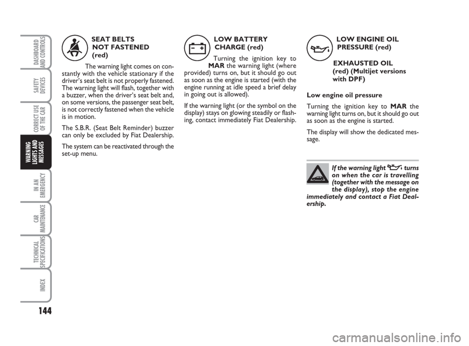FIAT BRAVO 2008 2.G Owners Manual 144
SAFETY
DEVICES
CORRECT USE
OF THE CAR
IN AN
EMERGENCY
CAR
MAINTENANCE
TECHNICAL
SPECIFICATIONS
INDEX
DASHBOARD
AND CONTROLS
WARNING
LIGHTS AND
MESSAGES
SEAT BELTS 
NOT FASTENED 
(red)
The warning 