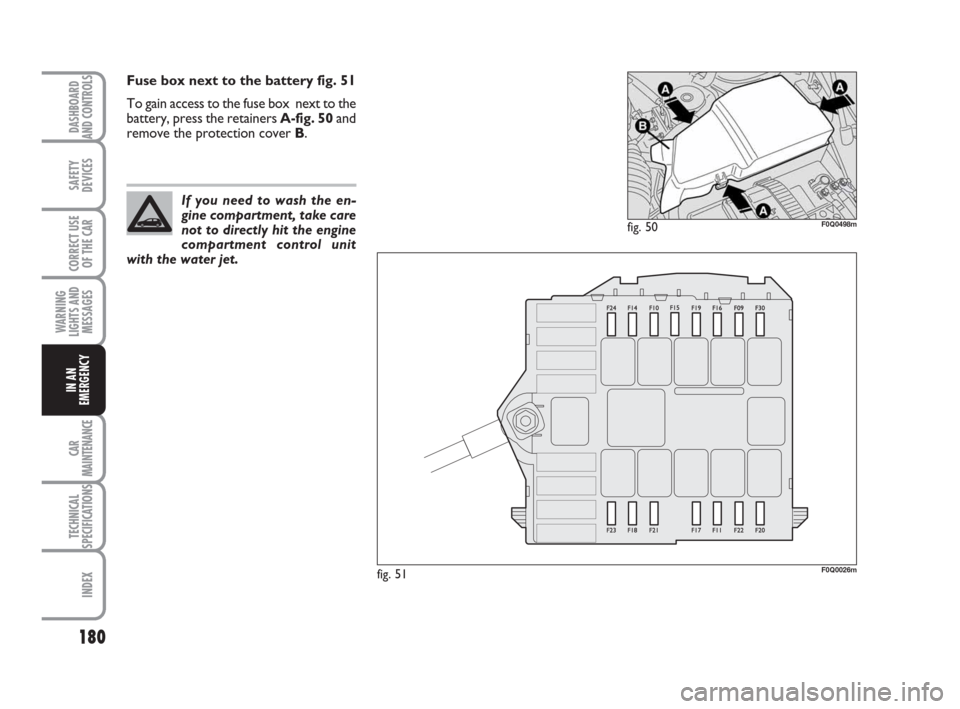 FIAT BRAVO 2008 2.G Owners Manual 180
SAFETY
DEVICES
CORRECT USE
OF THE CAR
WARNING
LIGHTS AND
MESSAGES
CAR
MAINTENANCE
TECHNICAL
SPECIFICATIONS
INDEX
DASHBOARD
AND CONTROLS
IN AN
EMERGENCY
Fuse box next to the battery fig. 51
To gain