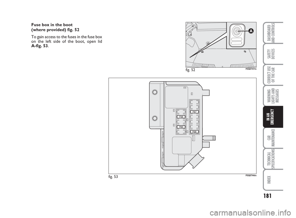 FIAT BRAVO 2008 2.G Owners Manual 181
SAFETY
DEVICES
CORRECT USE
OF THE CAR
WARNING
LIGHTS AND
MESSAGES
CAR
MAINTENANCE
TECHNICAL
SPECIFICATIONS
INDEX
DASHBOARD
AND CONTROLS
IN AN
EMERGENCY
Fuse box in the boot
(where provided) fig. FIAT BRAVO 2008 2.G Owners Manual 181
SAFETY
DEVICES
CORRECT USE
OF THE CAR
WARNING
LIGHTS AND
MESSAGES
CAR
MAINTENANCE
TECHNICAL
SPECIFICATIONS
INDEX
DASHBOARD
AND CONTROLS
IN AN
EMERGENCY
Fuse box in the boot
(where provided) fig.