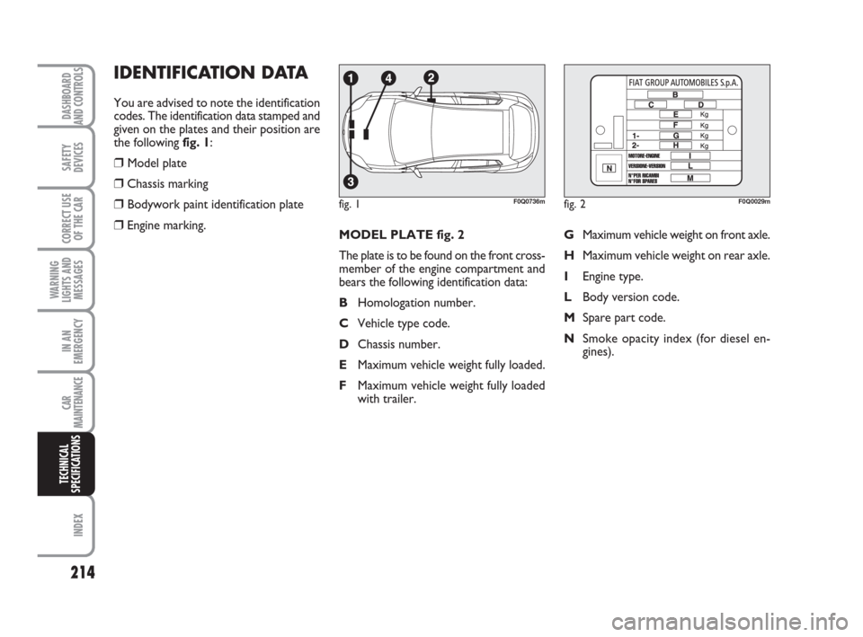 FIAT BRAVO 2008 2.G Owners Manual MODEL PLATE fig. 2
The plate is to be found on the front cross-
member of the engine compartment and
bears the following identification data:
BHomologation number.
CVehicle type code.
DChassis number.