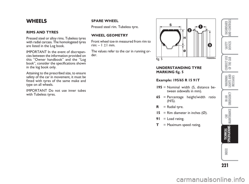 FIAT BRAVO 2008 2.G Owners Manual 221
DASHBOARD
AND CONTROLS
SAFETY
DEVICES
CORRECT USE
OF THE CAR
WARNING
LIGHTS AND
MESSAGES
IN AN
EMERGENCY
CAR
MAINTENANCE
INDEX
TECHNICAL
SPECIFICATIONS
UNDERSTANDING TYRE 
MARKING fig. 5
Example: 