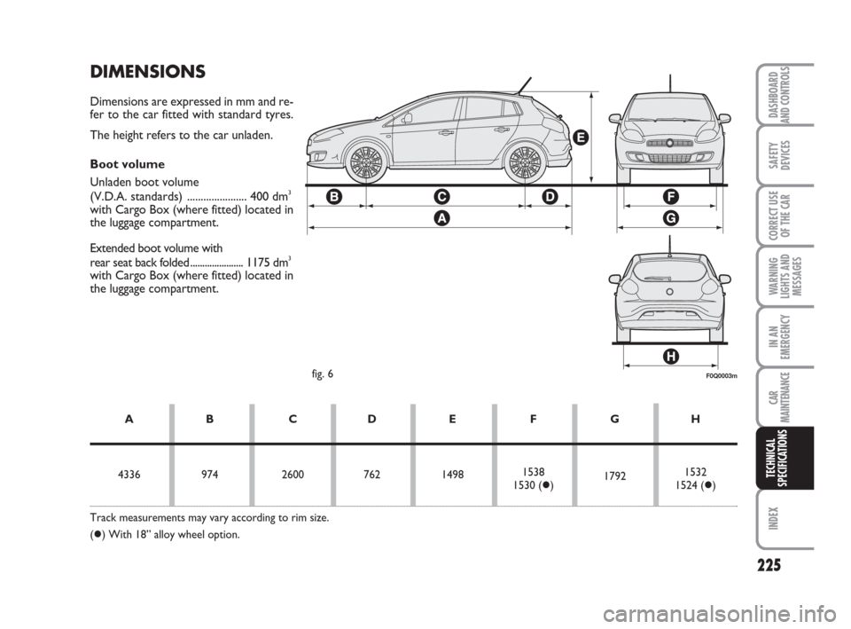 FIAT BRAVO 2008 2.G Owners Manual 225
DASHBOARD
AND CONTROLS
SAFETY
DEVICES
CORRECT USE
OF THE CAR
WARNING
LIGHTS AND
MESSAGES
IN AN
EMERGENCY
CAR
MAINTENANCE
INDEX
TECHNICAL
SPECIFICATIONS
DIMENSIONS
Dimensions are expressed in mm an