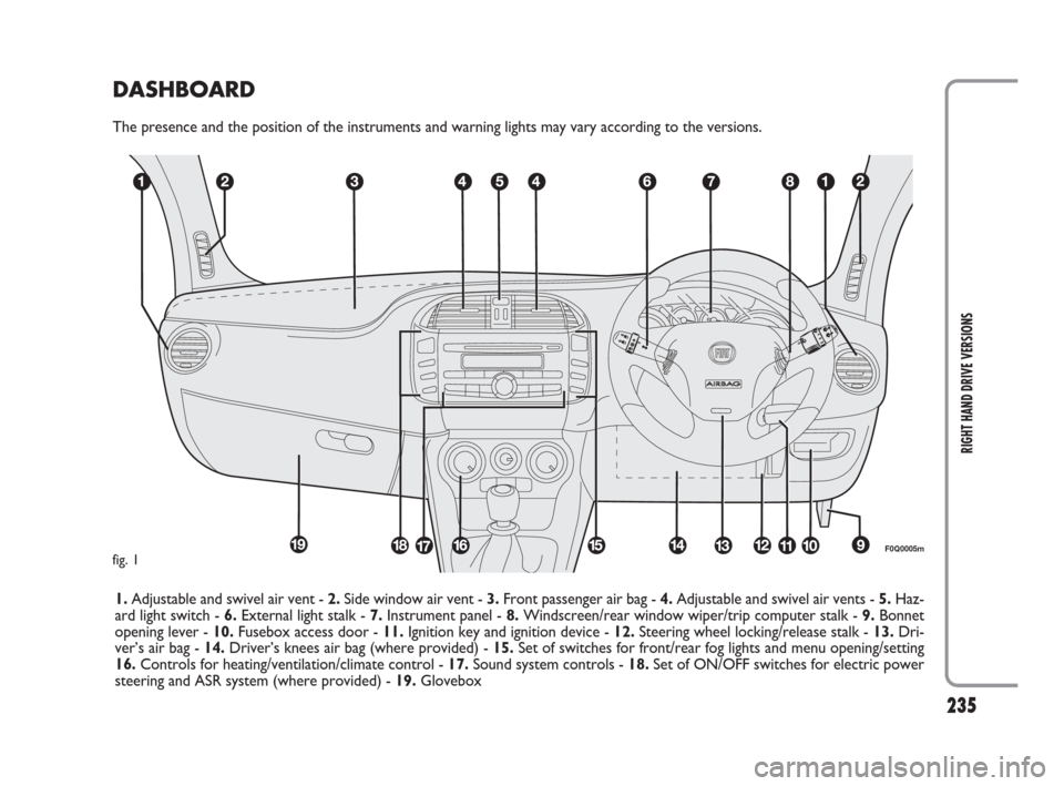 FIAT BRAVO 2008 2.G Owners Manual DASHBOARD
The presence and the position of the instruments and warning lights may vary according to the versions.
1.Adjustable and swivel air vent - 2.Side window air vent - 3.Front passenger air bag 