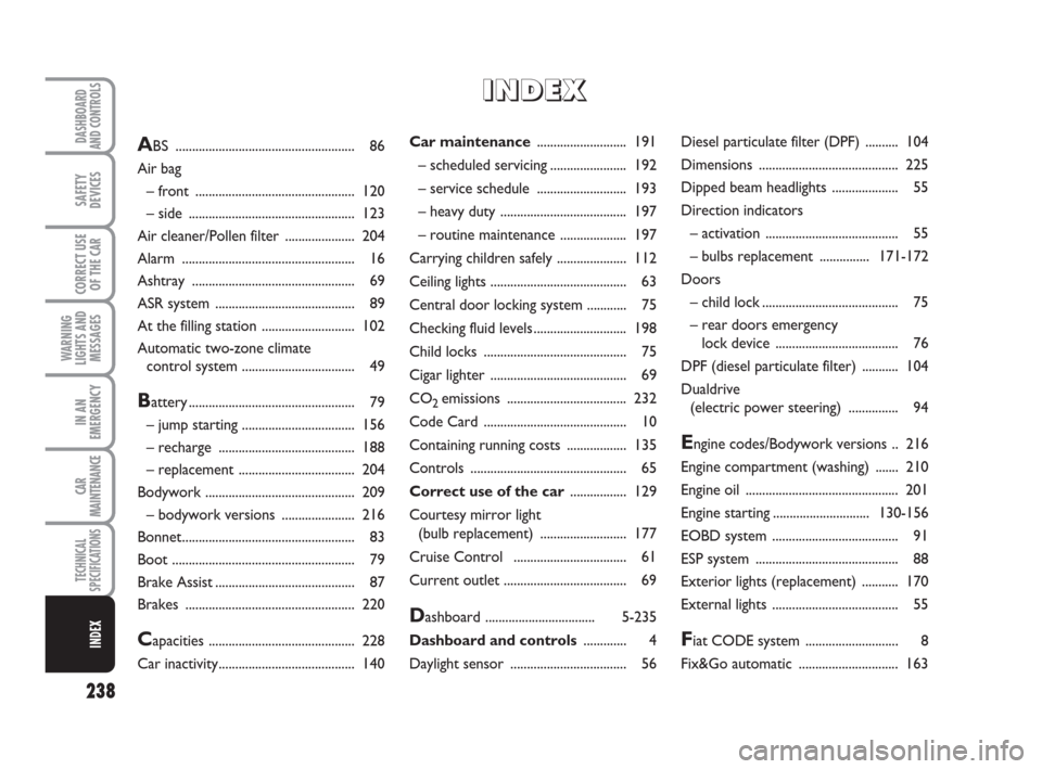 FIAT BRAVO 2008 2.G Owners Manual 238
WARNING
LIGHTS AND
MESSAGES
DASHBOARD
AND CONTROLS
SAFETY
DEVICES
CORRECT USE
OF THE CAR
IN AN
EMERGENCY
CAR
MAINTENANCE
TECHNICAL
SPECIFICATIONS
INDEX
Car maintenance ........................... 