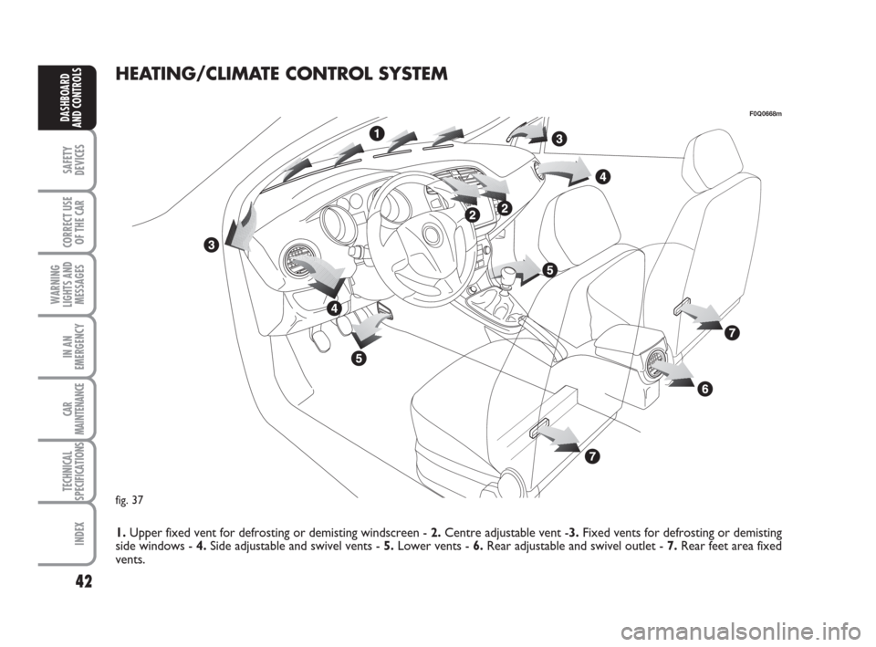 FIAT BRAVO 2008 2.G Owners Manual 42
SAFETY
DEVICES
CORRECT USE
OF THE CAR
WARNING
LIGHTS AND
MESSAGES
IN AN
EMERGENCY
CAR
MAINTENANCE
TECHNICAL
SPECIFICATIONS
INDEX
DASHBOARD
AND CONTROLS
HEATING/CLIMATE CONTROL SYSTEM
1.Upper fixed 