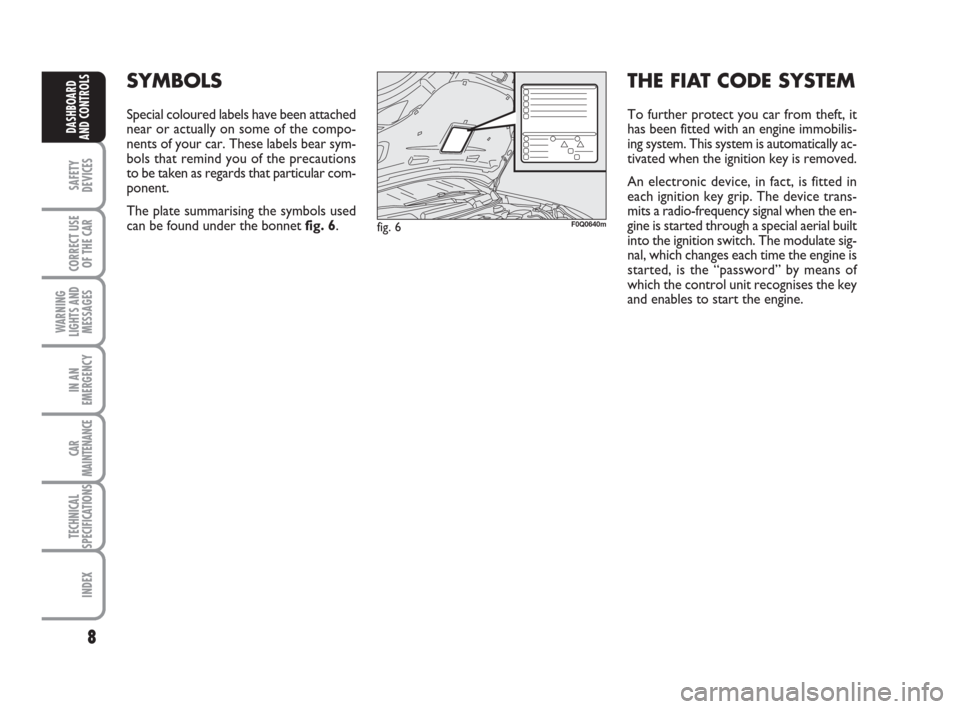 FIAT BRAVO 2008 2.G Owners Manual 8
SAFETY
DEVICES
CORRECT USE
OF THE CAR
WARNING
LIGHTS AND
MESSAGES
IN AN
EMERGENCY
CAR
MAINTENANCE
TECHNICAL
SPECIFICATIONS
INDEX
DASHBOARD
AND CONTROLS
SYMBOLS
Special coloured labels have been atta