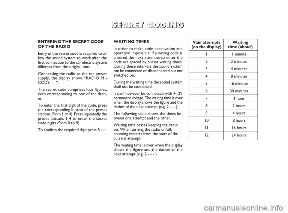 FIAT BRAVO 2008 2.G Radio CD MP3 Manual ENTERING THE SECRET CODE
OF THE RADIO
Entry of the secret code is required to al-
low the sound system to work after the
first connection to the car electric system
different from the original one.
Co