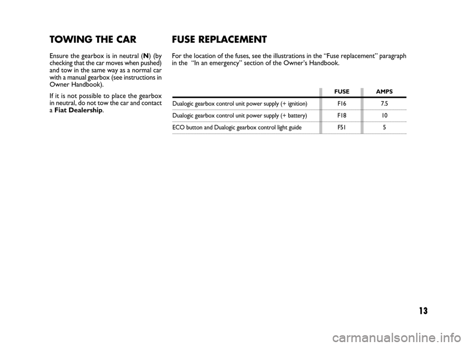 FIAT BRAVO 2009 2.G Dualogic Transmission Manual 13
TOWING THE CAR
Ensure the gearbox is in neutral (N) (by
checking that the car moves when pushed)
and tow in the same way as a normal car
with a manual gearbox (see instructions in
Owner Handbook).
FIAT BRAVO 2009 2.G Dualogic Transmission Manual 13
TOWING THE CAR
Ensure the gearbox is in neutral (N) (by
checking that the car moves when pushed)
and tow in the same way as a normal car
with a manual gearbox (see instructions in
Owner Handbook).