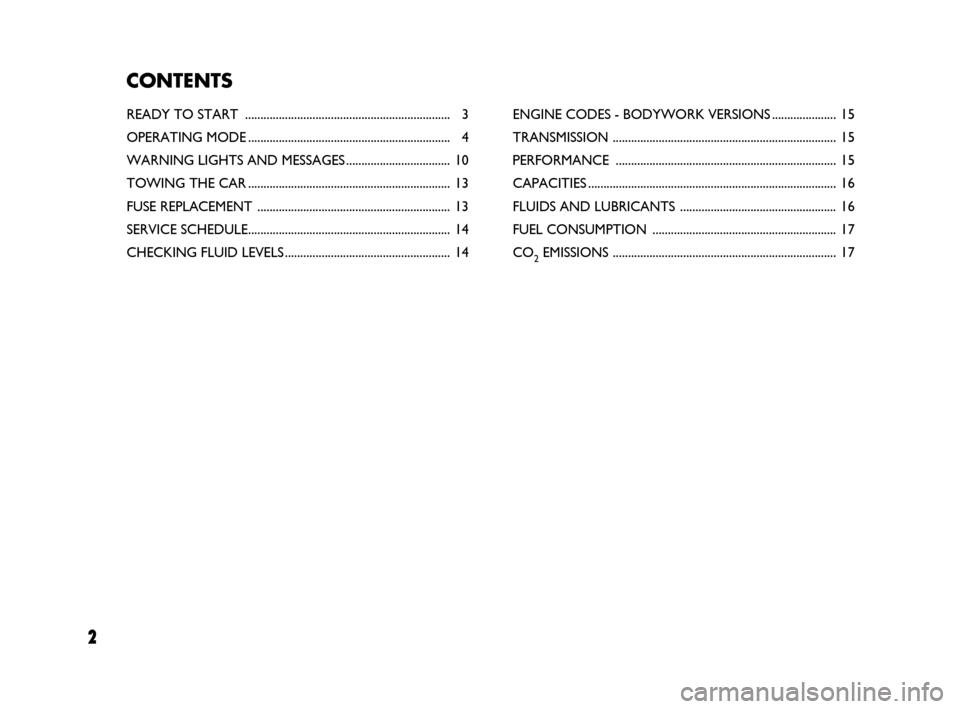 FIAT BRAVO 2009 2.G Dualogic Transmission Manual 2 2
CONTENTS
READY TO START ................................................................... 3
OPERATING MODE.................................................................. 4
WARNING LIGHTS AND 