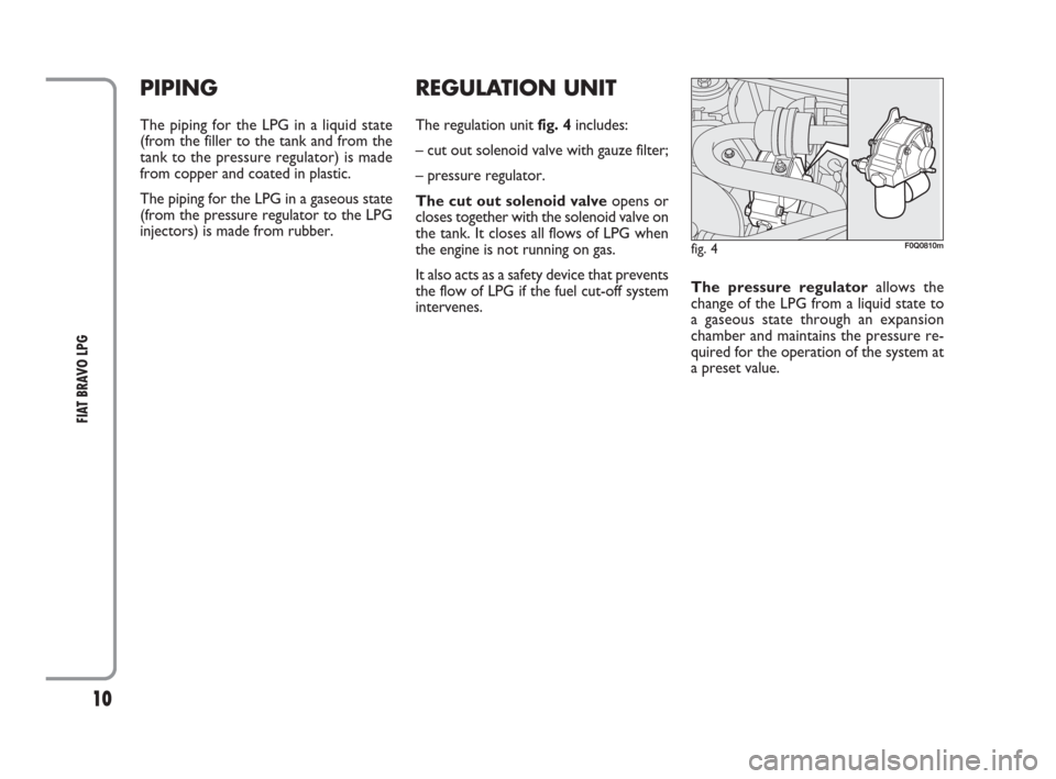 FIAT BRAVO 2009 2.G LPG Supplement Manual 10
FIAT BRAVO LPG
REGULATION UNIT
The regulation unit fig. 4includes:
– cut out solenoid valve with gauze filter;
– pressure regulator.
The cut out solenoid valveopens or
closes together with the 