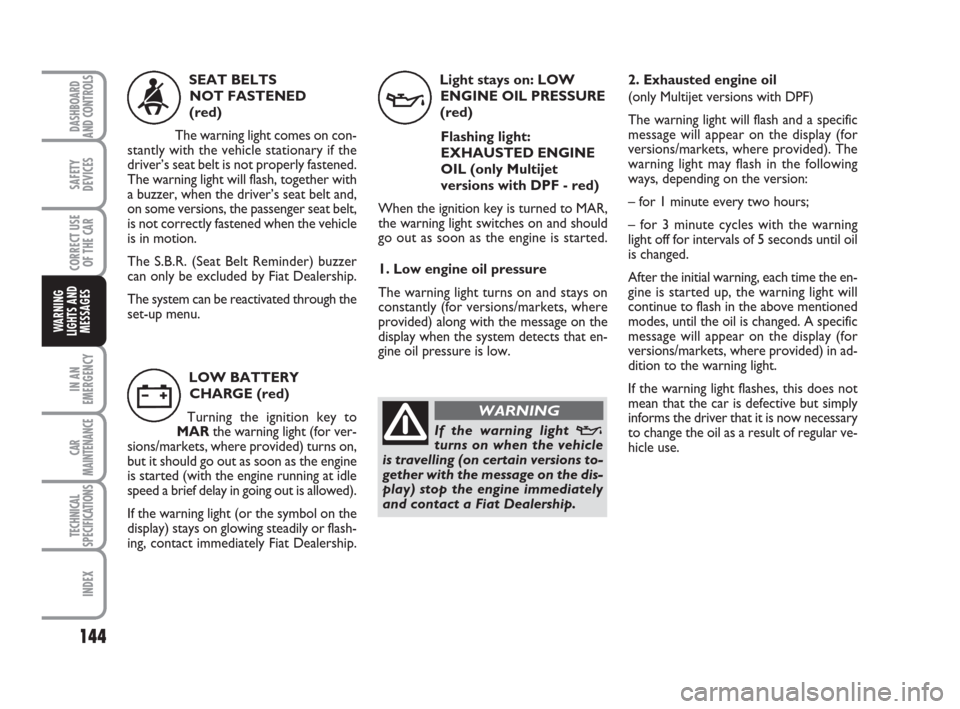 FIAT BRAVO 2009 2.G Owners Manual 144
SAFETY
DEVICES
CORRECT USE
OF THE CAR
IN AN
EMERGENCY
CAR
MAINTENANCE
TECHNICAL
SPECIFICATIONS
INDEX
DASHBOARD
AND CONTROLS
WARNING
LIGHTS AND
MESSAGES
SEAT BELTS 
NOT FASTENED 
(red)
The warning 