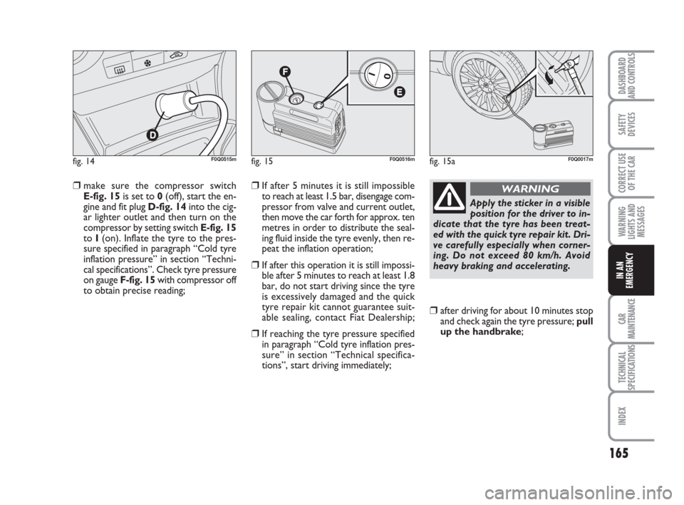 FIAT BRAVO 2009 2.G Owners Manual 165
SAFETY
DEVICES
CORRECT USE
OF THE CAR
WARNING
LIGHTS AND
MESSAGES
CAR
MAINTENANCE
TECHNICAL
SPECIFICATIONS
INDEX
DASHBOARD
AND CONTROLS
IN AN
EMERGENCY
❒make sure the compressor switch 
E-fig. 1