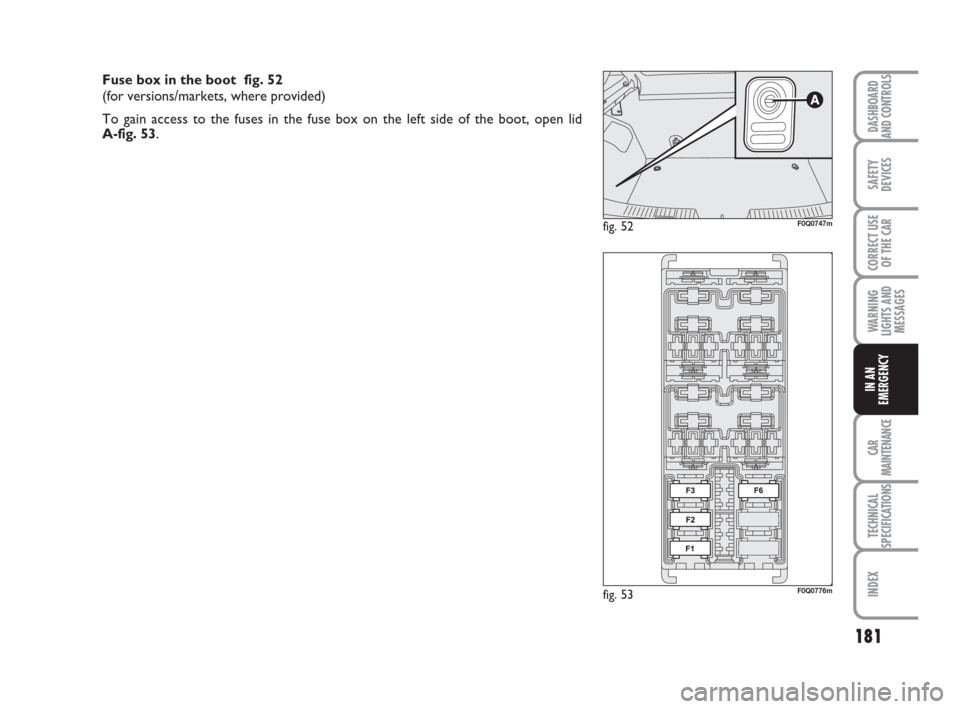 FIAT BRAVO 2009 2.G User Guide 181
SAFETY
DEVICES
CORRECT USE
OF THE CAR
WARNING
LIGHTS AND
MESSAGES
CAR
MAINTENANCE
TECHNICAL
SPECIFICATIONS
INDEX
DASHBOARD
AND CONTROLS
IN AN
EMERGENCY
Fuse box in the boot  fig. 52
(for versions/