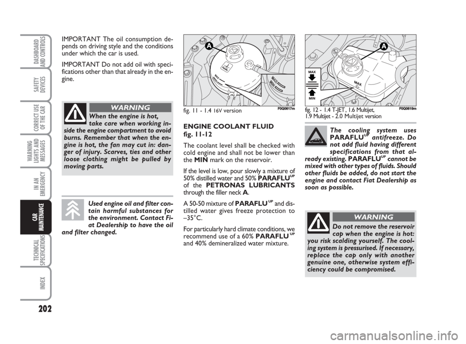 FIAT BRAVO 2009 2.G Owners Manual 202
SAFETY
DEVICES
CORRECT USE
OF THE CAR
WARNING
LIGHTS AND
MESSAGES
IN AN
EMERGENCY
TECHNICAL
SPECIFICATIONS
INDEX
DASHBOARD
AND CONTROLS
CAR
MAINTENANCE
IMPORTANT The oil consumption de-
pends on d