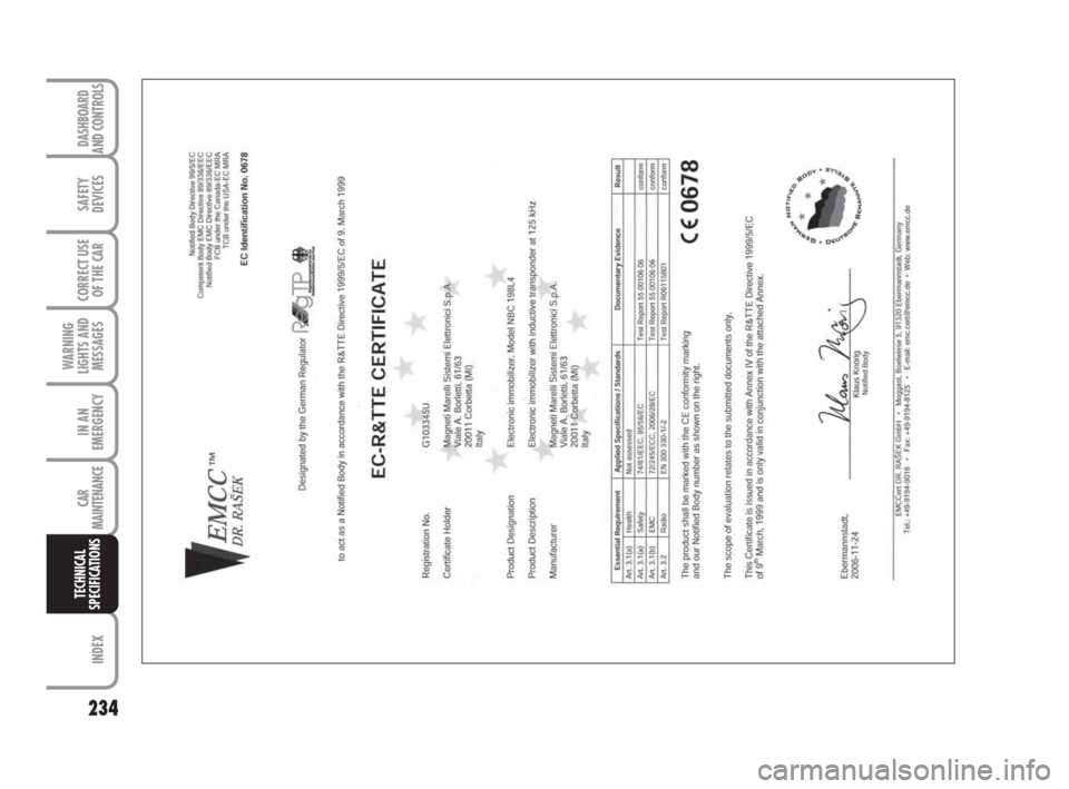 FIAT BRAVO 2009 2.G Owners Manual 234
SAFETY
DEVICES
CORRECT USE
OF THE CAR
WARNING
LIGHTS AND
MESSAGES
IN AN
EMERGENCY
CAR
MAINTENANCE
INDEX
TECHNICAL
SPECIFICATIONS
DASHBOARD
AND CONTROLS
213-237 BRAVO GB.qxd:213-236 BRAVO GB 11-11 FIAT BRAVO 2009 2.G Owners Manual 234
SAFETY
DEVICES
CORRECT USE
OF THE CAR
WARNING
LIGHTS AND
MESSAGES
IN AN
EMERGENCY
CAR
MAINTENANCE
INDEX
TECHNICAL
SPECIFICATIONS
DASHBOARD
AND CONTROLS
213-237 BRAVO GB.qxd:213-236 BRAVO GB 11-11