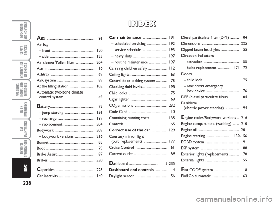 FIAT BRAVO 2009 2.G User Guide 238
WARNING
LIGHTS AND
MESSAGES
DASHBOARD
AND CONTROLS
SAFETY
DEVICES
CORRECT USE
OF THE CAR
IN AN
EMERGENCY
CAR
MAINTENANCE
TECHNICAL
SPECIFICATIONS
INDEX
Car maintenance ........................... 