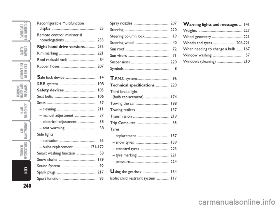 FIAT BRAVO 2009 2.G Owners Manual 240
WARNING
LIGHTS AND
MESSAGES
DASHBOARD
AND CONTROLS
SAFETY
DEVICES
CORRECT USE
OF THE CAR
IN AN
EMERGENCY
CAR
MAINTENANCE
TECHNICAL
SPECIFICATIONS
INDEX
Spray nozzles ..............................