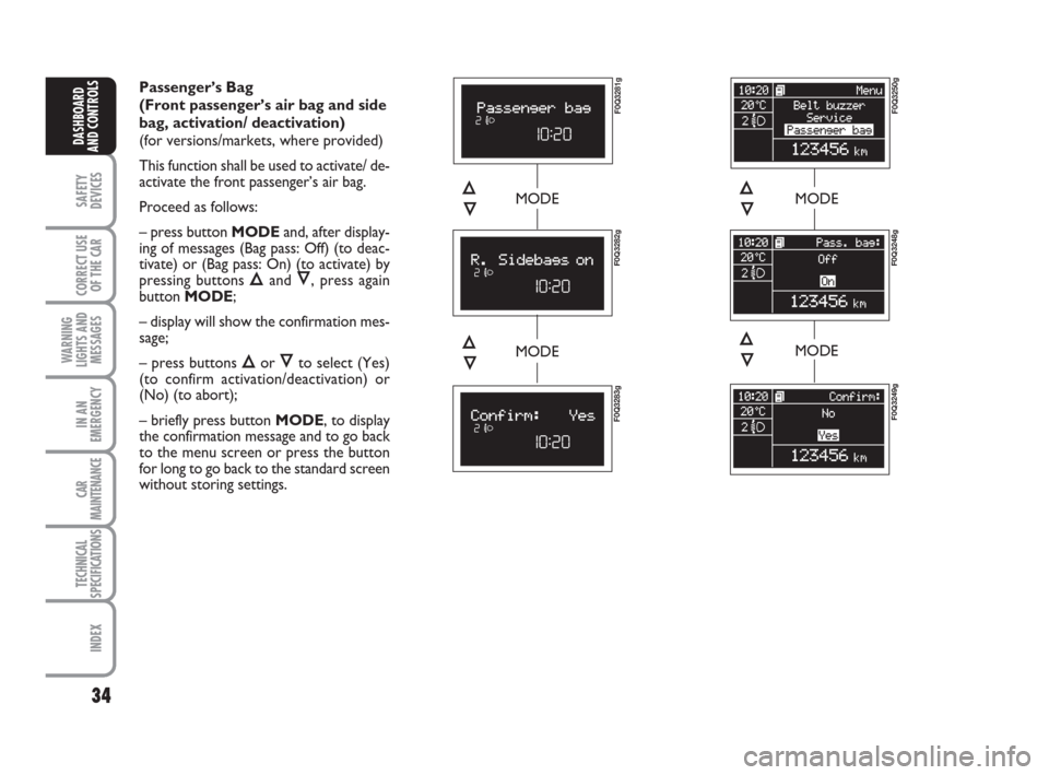 FIAT BRAVO 2009 2.G Owners Manual 34
SAFETY
DEVICES
CORRECT USE
OF THE CAR
WARNING
LIGHTS AND
MESSAGES
IN AN
EMERGENCY
CAR
MAINTENANCE
TECHNICAL
SPECIFICATIONS
INDEX
DASHBOARD
AND CONTROLS
Passenger’s Bag 
(Front passenger’s air b