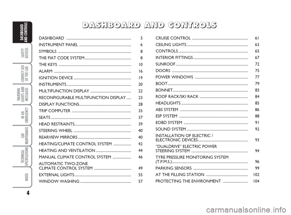 FIAT BRAVO 2009 2.G Owners Manual 4
SAFETY
DEVICES
CORRECT USE
OF THE CAR
WARNING
LIGHTS AND
MESSAGES
IN AN
EMERGENCY
CAR
MAINTENANCE
TECHNICAL
SPECIFICATIONS
INDEX
DASHBOARD
AND CONTROLSDASHBOARD .....................................