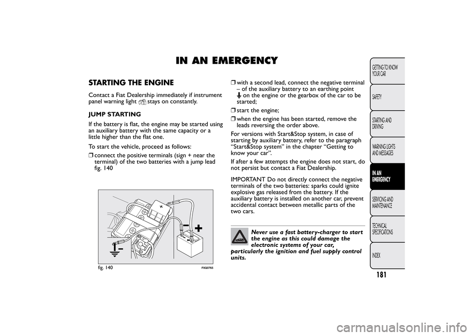 FIAT BRAVO 2012 2.G Owners Manual IN AN EMERGENCY
STARTING THE ENGINEContact a Fiat Dealership immediately if instrument
panel warning light
stays on constantly.
JUMP STARTING
If the battery is flat, the engine may be started using
an