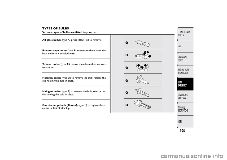 FIAT BRAVO 2012 2.G Owners Manual TYPES OF BULBSVarious types of bulbs are fitted to your car:
All-glass bulbs:(type A) press-fitted. Pull to remove.Bayonet type bulbs:(type B) to remove them press the
bulb and turn it anticlockwise.
FIAT BRAVO 2012 2.G Owners Manual TYPES OF BULBSVarious types of bulbs are fitted to your car:
All-glass bulbs:(type A) press-fitted. Pull to remove.Bayonet type bulbs:(type B) to remove them press the
bulb and turn it anticlockwise.