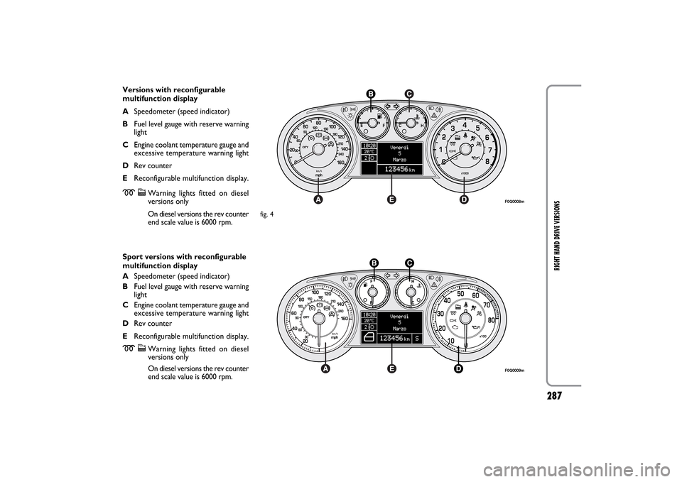 FIAT BRAVO 2012 2.G Owners Manual 27
RIGHT HAND DRIVE VERSIONS
Versions with reconfigurable
multifunction display 
ASpeedometer (speed indicator)
BFuel level gauge with reserve warning
light
CEngine coolant temperature gauge and
exces