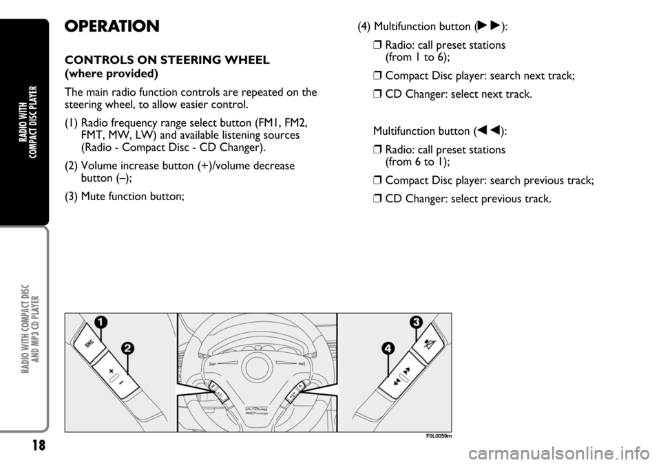 FIAT CROMA 2004 2.G Radio CD Manual 18
RADIO WITH COMPACT DISC 
AND MP3 CD PLAYER
RADIO WITH 
COMPACT DISC PLAYER
OPERATION
CONTROLS ON STEERING WHEEL
(where provided) 
The main radio function controls are repeated on the
steering wheel