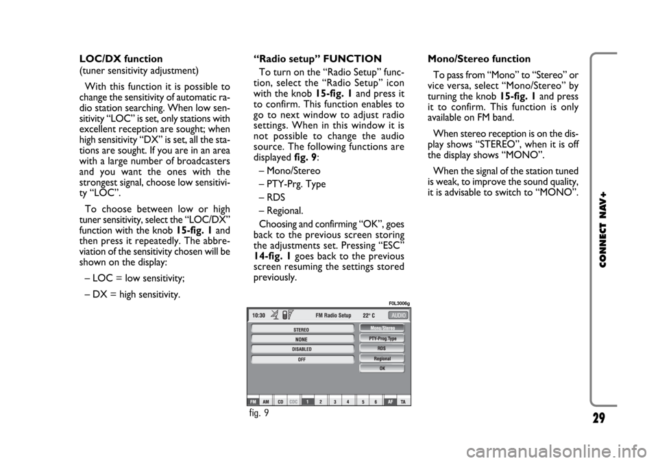 FIAT CROMA 2005 2.G Connect NavPlus Manual 29
CONNECT NAV+
LOC/DX function
(tuner sensitivity adjustment)
With this function it is possible to
change the sensitivity of automatic ra-
dio station searching. When low sen-
sitivity “LOC” is FIAT CROMA 2005 2.G Connect NavPlus Manual 29
CONNECT NAV+
LOC/DX function
(tuner sensitivity adjustment)
With this function it is possible to
change the sensitivity of automatic ra-
dio station searching. When low sen-
sitivity “LOC” is