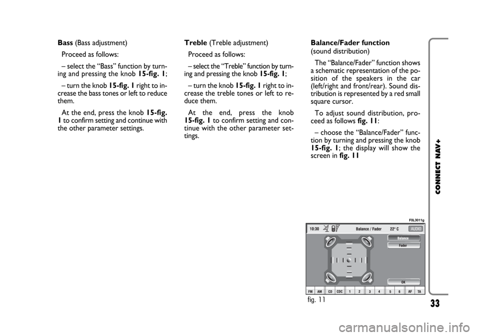 FIAT CROMA 2005 2.G Connect NavPlus Manual 33
CONNECT NAV+
Bass (Bass adjustment)
Proceed as follows:
– select the “Bass” function by turn-
ing and pressing the knob 15-fig. 1;
– turn the knob 15-fig. 1right to in-
crease the bass tone FIAT CROMA 2005 2.G Connect NavPlus Manual 33
CONNECT NAV+
Bass (Bass adjustment)
Proceed as follows:
– select the “Bass” function by turn-
ing and pressing the knob 15-fig. 1;
– turn the knob 15-fig. 1right to in-
crease the bass tone