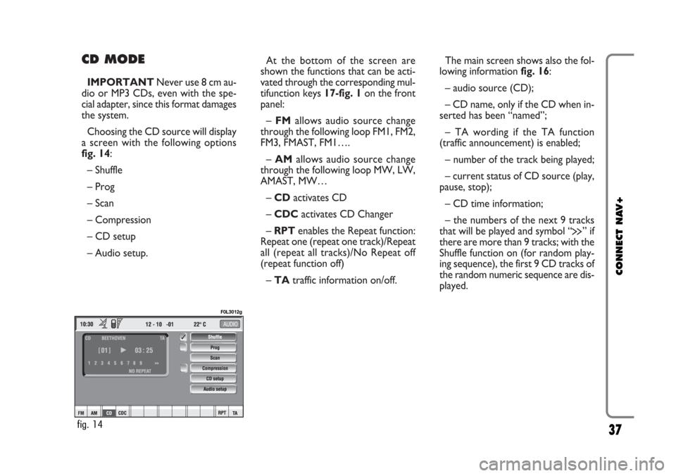 FIAT CROMA 2005 2.G Connect NavPlus Manual CD MODE
IMPORTANTNever use 8 cm au-
dio or MP3 CDs, even with the spe-
cial adapter, since this format damages
the system.
Choosing the CD source will display
a screen with the following options
fig. FIAT CROMA 2005 2.G Connect NavPlus Manual CD MODE
IMPORTANTNever use 8 cm au-
dio or MP3 CDs, even with the spe-
cial adapter, since this format damages
the system.
Choosing the CD source will display
a screen with the following options
fig.