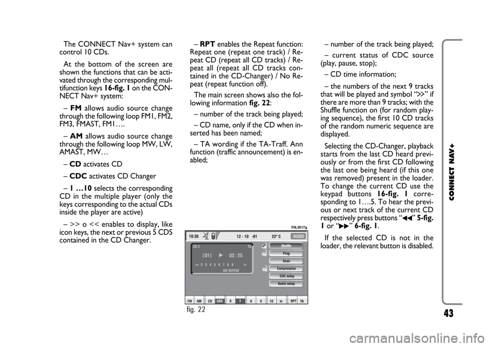 FIAT CROMA 2005 2.G Connect NavPlus Manual 43
CONNECT NAV+
The CONNECT Nav+ system can
control 10 CDs.
At the bottom of the screen are
shown the functions that can be acti-
vated through the corresponding mul-
tifunction keys 16-fig. 1on the C