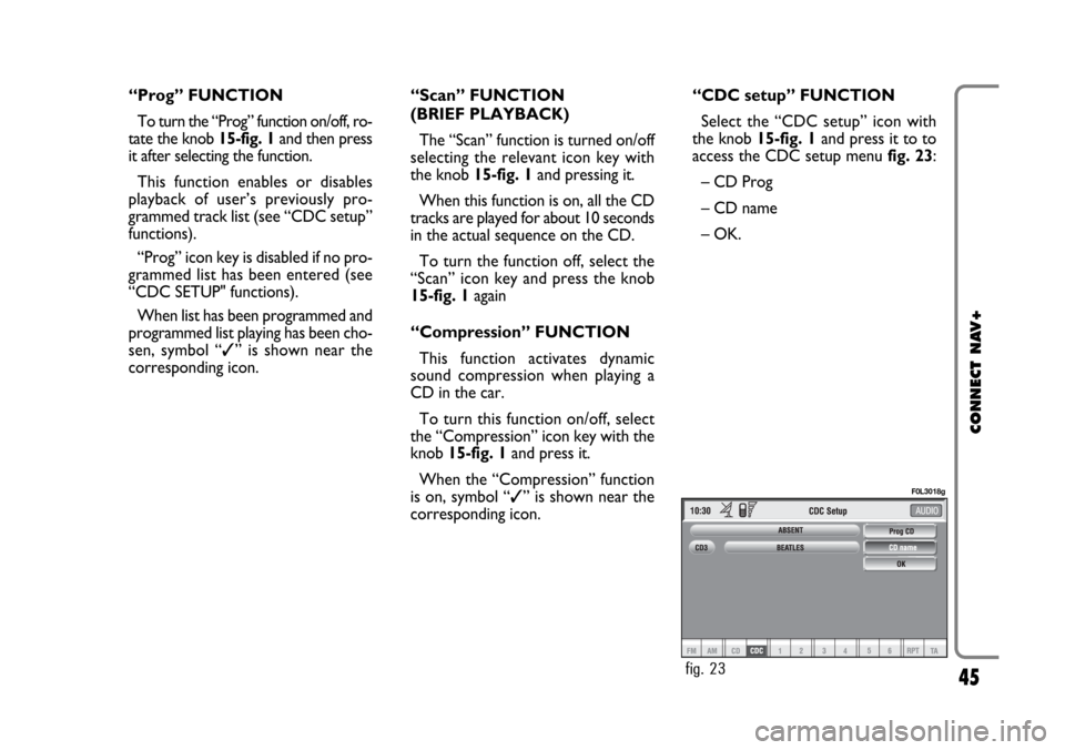 FIAT CROMA 2005 2.G Connect NavPlus Manual 45
CONNECT NAV+
“Prog” FUNCTION
To turn the “Prog” function on/off, ro-
tate the knob 15-fig. 1 and then press
it after selecting the function.
This function enables or disables
playback of us