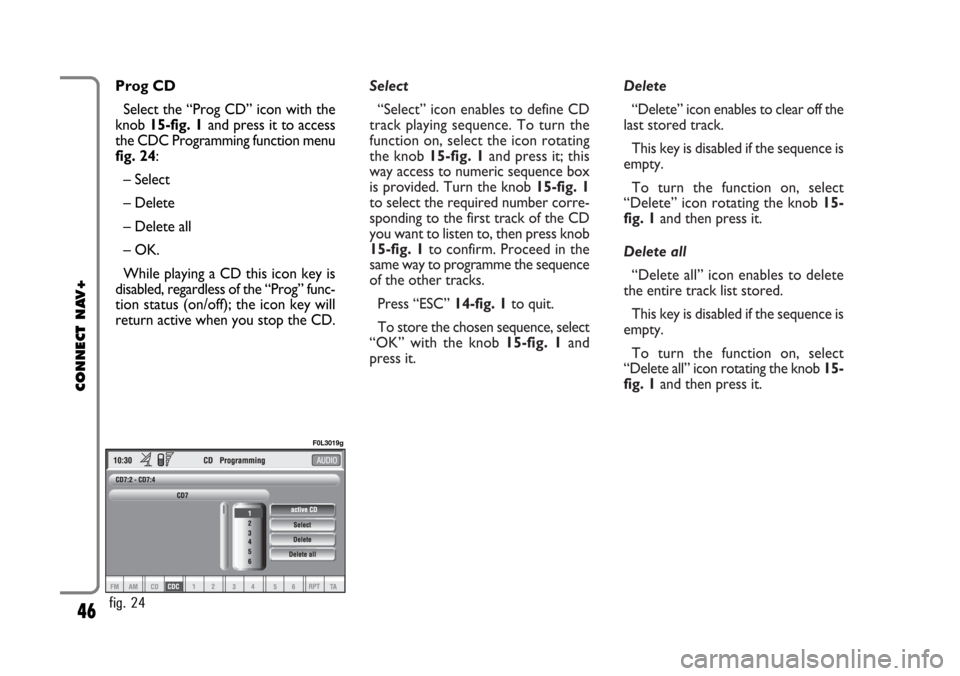 FIAT CROMA 2005 2.G Connect NavPlus Manual Select
“Select” icon enables to define CD
track playing sequence. To turn the
function on, select the icon rotating
the knob15-fig. 1and press it; this
way access to numeric sequence box
is provid FIAT CROMA 2005 2.G Connect NavPlus Manual Select
“Select” icon enables to define CD
track playing sequence. To turn the
function on, select the icon rotating
the knob15-fig. 1and press it; this
way access to numeric sequence box
is provid