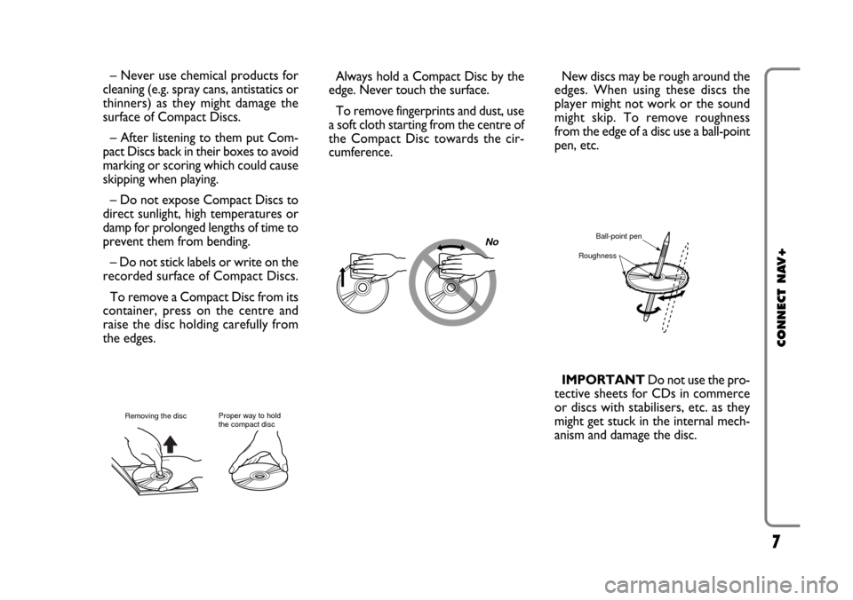 FIAT CROMA 2005 2.G Connect NavPlus Manual 7
CONNECT NAV+
No
– Never use chemical products for
cleaning (e.g. spray cans, antistatics or
thinners) as they might damage the
surface of Compact Discs.
– After listening to them put Com-
pact D
