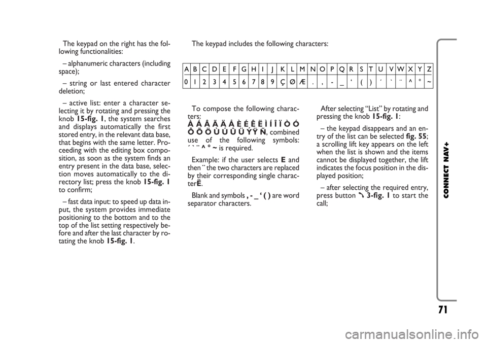 FIAT CROMA 2005 2.G Connect NavPlus Manual The keypad on the right has the fol-
lowing functionalities:
– alphanumeric characters (including
space);
– string or last entered character
deletion;
– active list: enter a character se-
lectin