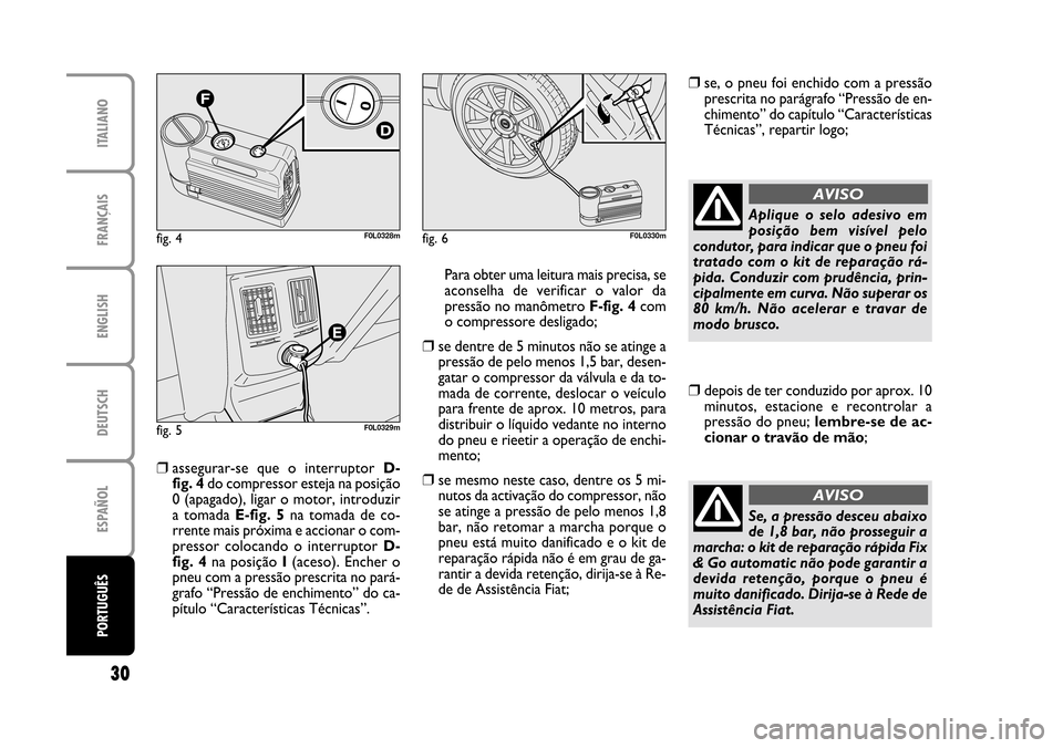 FIAT CROMA 2005 2.G Fix And Go Manual ENGLISH
DEUTSCH
ESPAÑOL
PORTUGUÊS
30
FRANÇAIS
ITALIANO
fig. 5F0L0329m
fig. 6F0L0330mfig. 4F0L0328m
❒assegurar-se  que  o  interruptor D-
fig. 4do compressor esteja na posição
0 (apagado), ligar