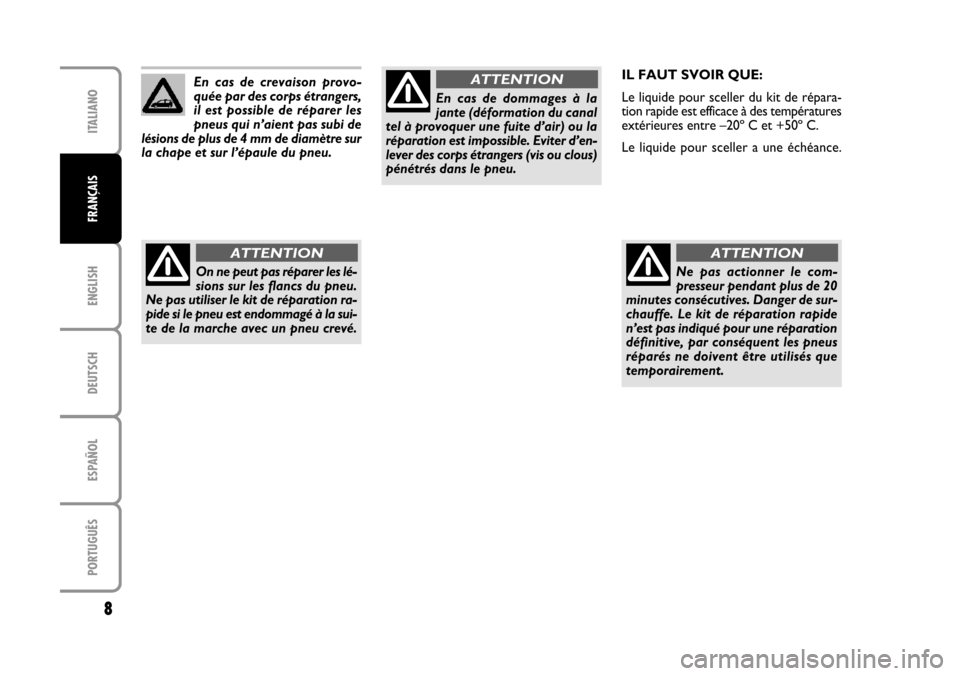 FIAT CROMA 2005 2.G Fix And Go Manual ENGLISH
DEUTSCH
ESPAÑOL
PORTUGUÊS
8
ITALIANO
FRANÇAIS
En  cas  de  crevaison  provo-
quée par des corps étrangers,
il est possible de réparer les
pneus qui n’aient pas subi de
lésions de plus