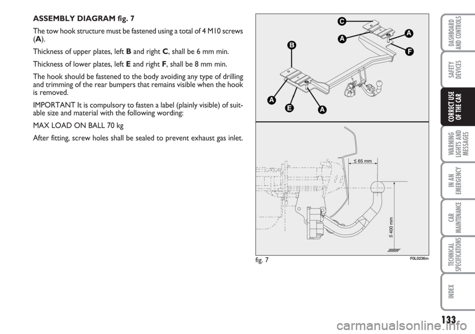 FIAT CROMA 2006 2.G Owners Manual ASSEMBLY DIAGRAM fig. 7
The tow hook structure must be fastened using a total of 4 M10 screws
(A).
Thickness of upper plates, left Band right C, shall be 6 mm min.
Thickness of lower plates, left Eand FIAT CROMA 2006 2.G Owners Manual ASSEMBLY DIAGRAM fig. 7
The tow hook structure must be fastened using a total of 4 M10 screws
(A).
Thickness of upper plates, left Band right C, shall be 6 mm min.
Thickness of lower plates, left Eand