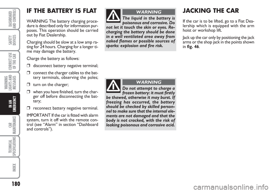 FIAT CROMA 2006 2.G Owners Manual 180
WARNING
LIGHTS AND
MESSAGES
CAR
MAINTENANCE
TECHNICAL
SPECIFICATIONS
INDEX
DASHBOARD
AND CONTROLS
SAFETY
DEVICES
CORRECT USE
OF THE CAR
IN AN
EMERGENCY
IF THE BATTERY IS FLAT
WARNING The battery c