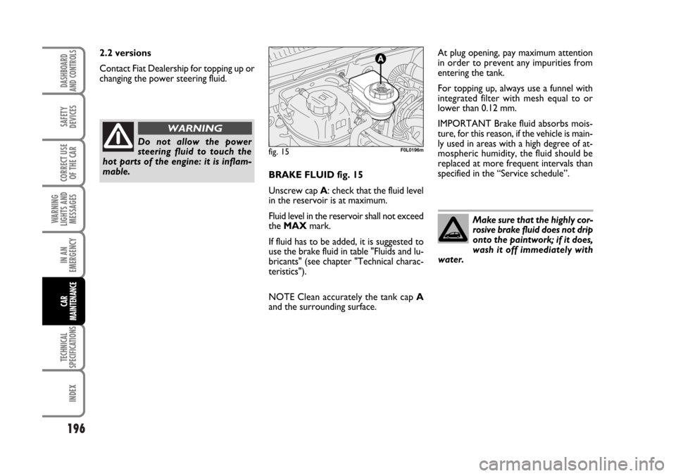 FIAT CROMA 2006 2.G Owners Manual 196
WARNING
LIGHTS AND
MESSAGES
TECHNICAL
SPECIFICATIONS
INDEX
DASHBOARD
AND CONTROLS
SAFETY
DEVICES
CORRECT USE
OF THE CAR
IN AN
EMERGENCY
CAR
MAINTENANCE
BRAKE FLUID fig. 15
Unscrew cap A: check tha FIAT CROMA 2006 2.G Owners Manual 196
WARNING
LIGHTS AND
MESSAGES
TECHNICAL
SPECIFICATIONS
INDEX
DASHBOARD
AND CONTROLS
SAFETY
DEVICES
CORRECT USE
OF THE CAR
IN AN
EMERGENCY
CAR
MAINTENANCE
BRAKE FLUID fig. 15
Unscrew cap A: check tha