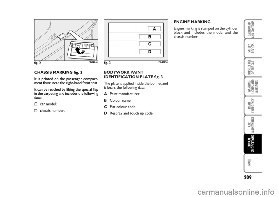 FIAT CROMA 2006 2.G Owners Manual ENGINE MARKING
Engine marking is stamped on the cylinder
block and includes the model and the
chassis number.
BODYWORK PAINT
IDENTIFICATION PLATE fig. 3
The plate is applied inside the bonnet and
it b