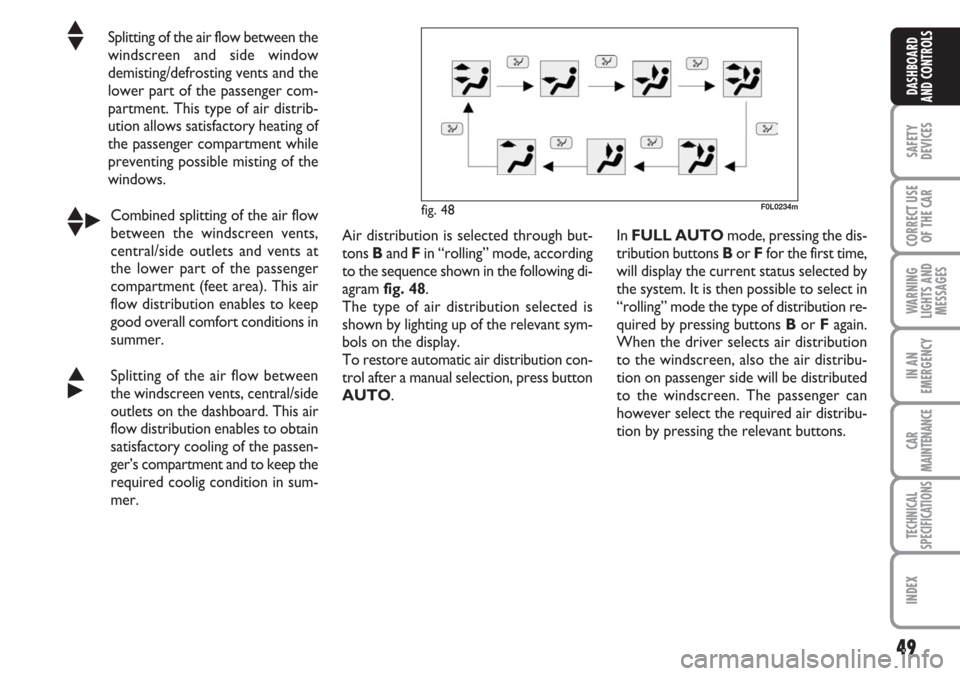 FIAT CROMA 2006 2.G Owners Manual 49
SAFETY
DEVICES
CORRECT USE
OF THE CAR
WARNING
LIGHTS AND
MESSAGES
IN AN
EMERGENCY
CAR
MAINTENANCE
TECHNICAL
SPECIFICATIONS
INDEX
DASHBOARD
AND CONTROLS
▲
▼Splitting of the air flow between the

