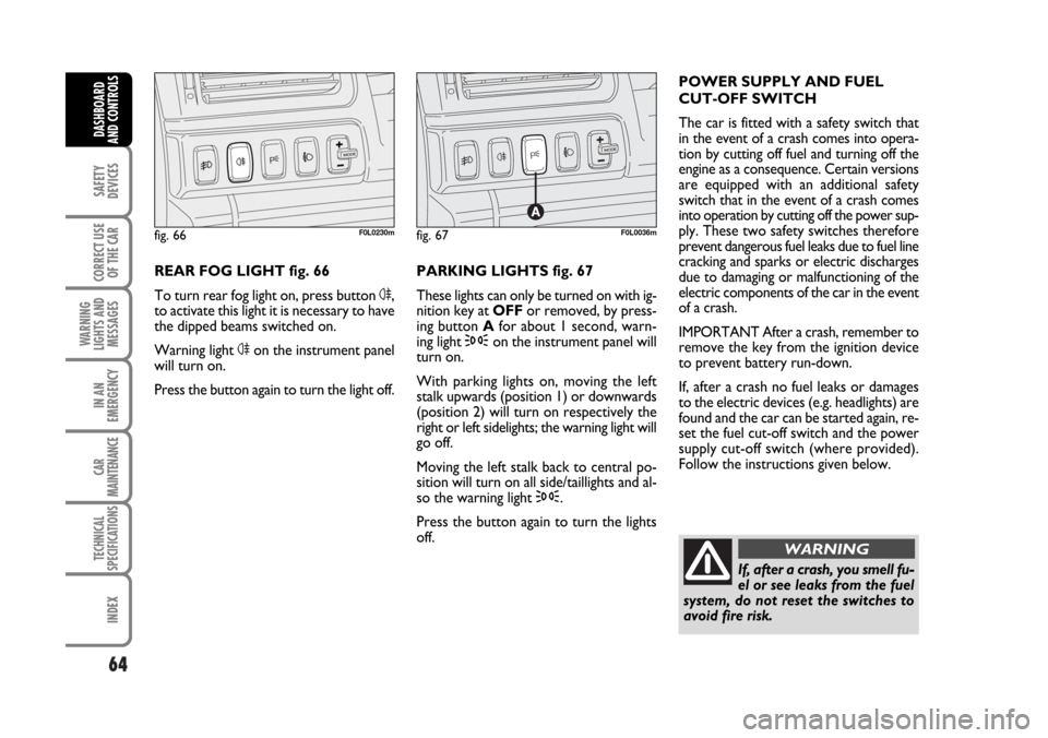 FIAT CROMA 2006 2.G Repair Manual 64
SAFETY
DEVICES
CORRECT USE
OF THE CAR
WARNING
LIGHTS AND
MESSAGES
IN AN
EMERGENCY
CAR
MAINTENANCE
TECHNICAL
SPECIFICATIONS
INDEX
DASHBOARD
AND CONTROLS
REAR FOG LIGHT fig. 66
To turn rear fog light
