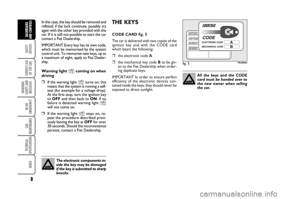 FIAT CROMA 2006 2.G Owners Manual THE KEYS
CODE CARD fig. 5
The car is delivered with two copies of the
ignition key and with the CODE card
which bears the following:
❒the electronic code A
❒the mechanical key code Bto be giv-
en FIAT CROMA 2006 2.G Owners Manual THE KEYS
CODE CARD fig. 5
The car is delivered with two copies of the
ignition key and with the CODE card
which bears the following:
❒the electronic code A
❒the mechanical key code Bto be giv-
en